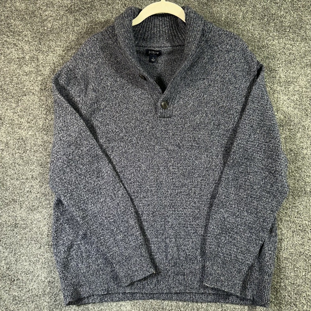 J Crew Henley Knit Sweater Large Blue Lambswool Blend Shawl Collar Casual Preppy